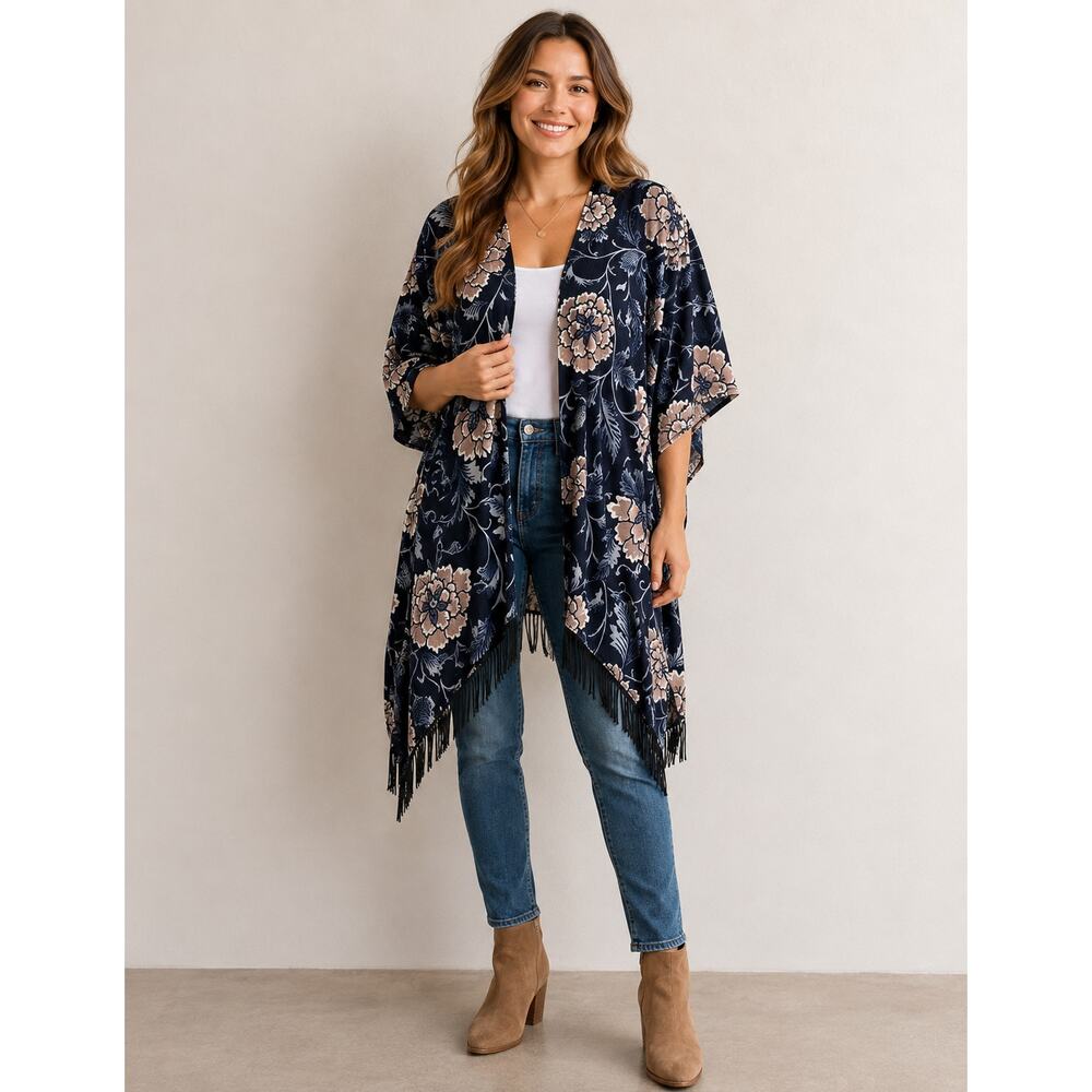 Fleece Reversible Floral Navy Wrap Shawl one size